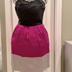 Color block satin strapless cocktail dress. Perfect for a wedding or night out.